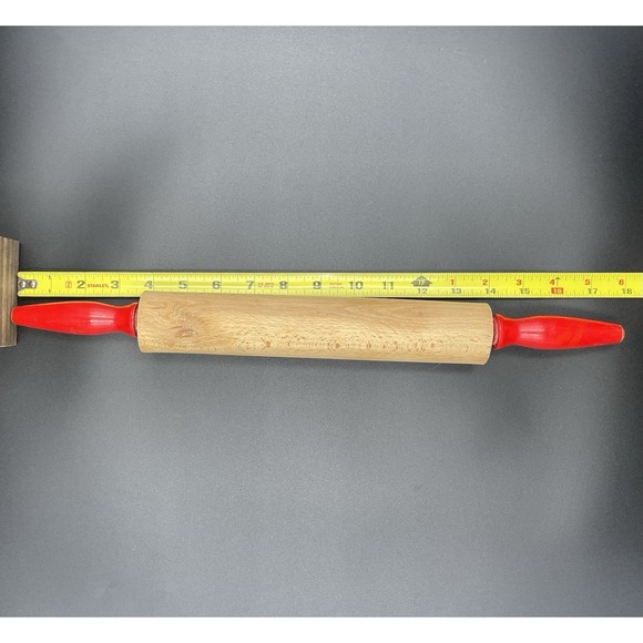 Vintage Red Handle Wood Rolling Pin 18" Rustic Farmhouse Cottage - Picture 8 of 11
